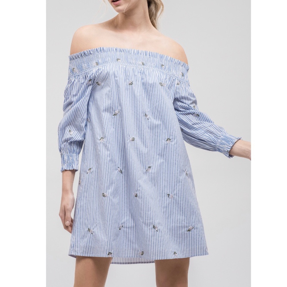 Revolve JOA off shoulder striped embroidered dress